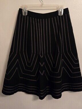 Boden Black Wool Blend A-line Midi Skirt Ribbon Art Deco Pattern Womens 10